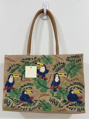 Embroidered Toucan Tote Bag in Natural jute canvas brand new